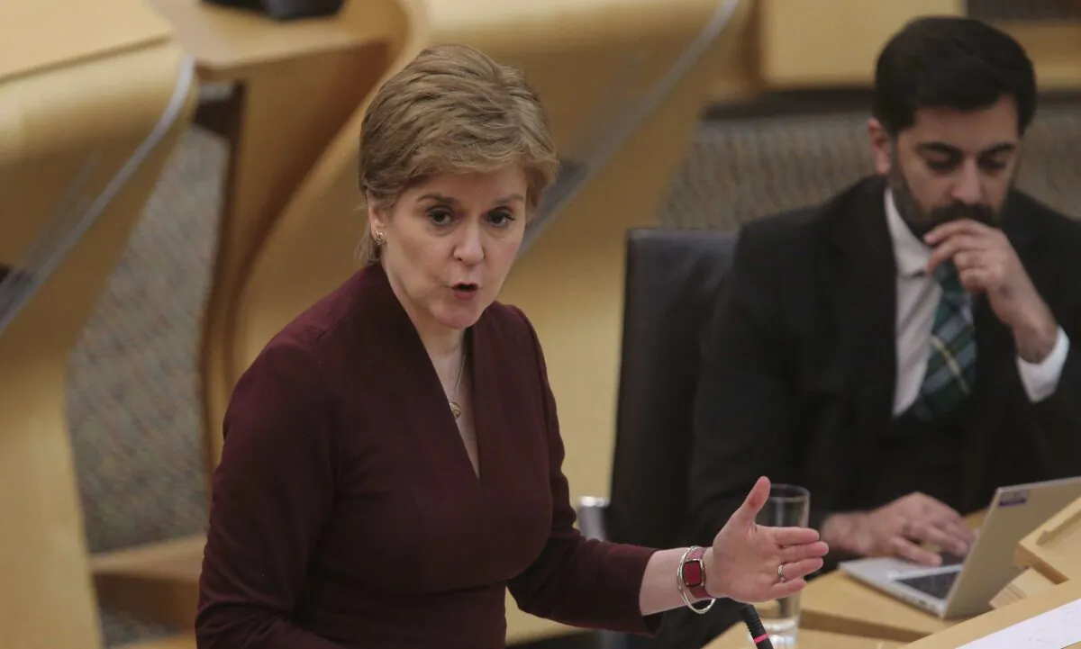 First Minister Nicola Sturgeon updates MSPs on any changes to the COVID-19 restrictions at the Scottish Parliament Holyrood Edinburgh, on March 15, 2022. (PA)