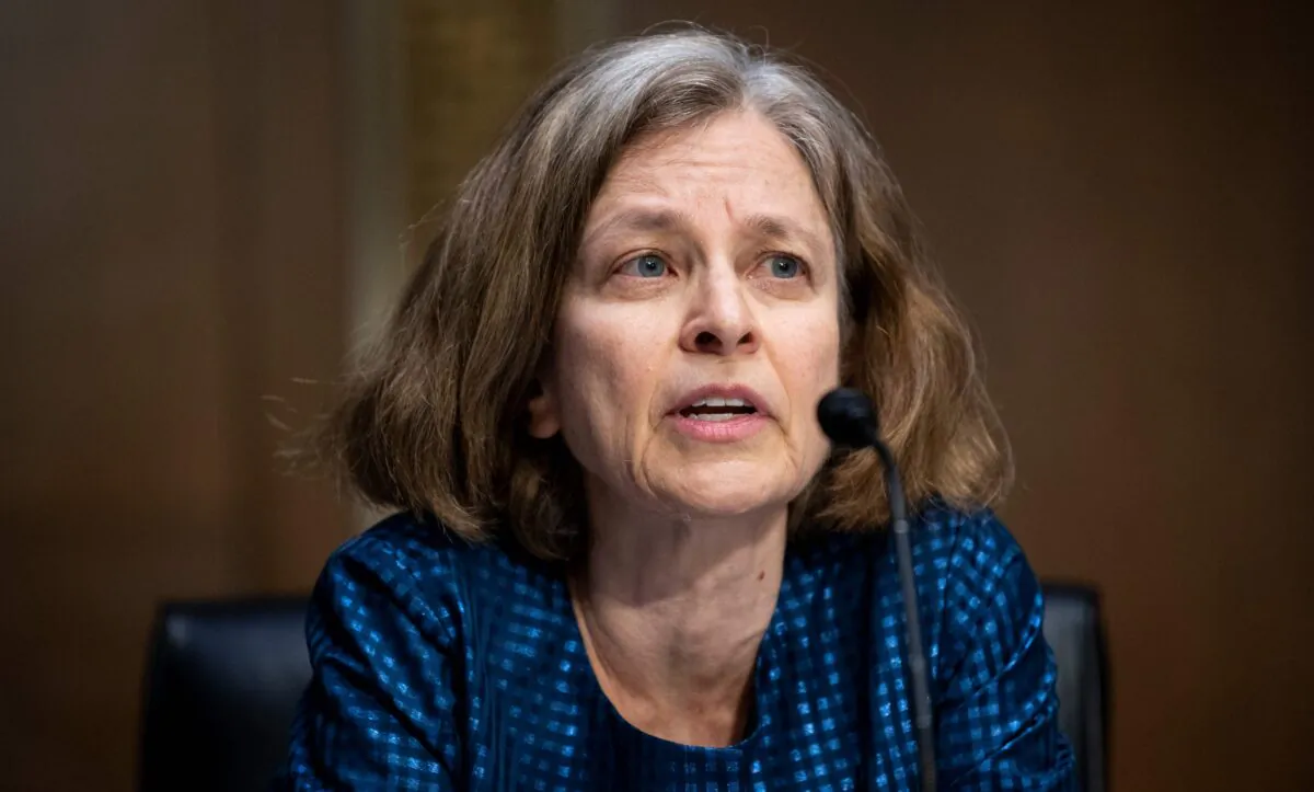 Sarah Bloom Raskin, nominee to be vice chairman for supervision and a member of the Federal Reserve Board of Governors, speaks during the Senate Banking, Housing and Urban Affairs Committee confirmation hearing in Washington, on Feb. 3, 2022. (Bill Clark/Pool/AFP via Getty Images)