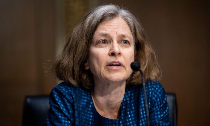 Sarah Bloom Raskin, nominee to be vice chairman for supervision and a member of the Federal Reserve Board of Governors, speaks during the Senate Banking, Housing and Urban Affairs Committee confirmation hearing in Washington, on Feb. 3, 2022. (Bill Clark/Pool/AFP via Getty Images)