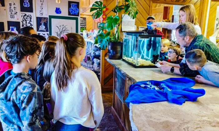 Students gather around a fish tank during class at Roots Farm in Palo Cedro, Calif., on Feb. 5, 2022. (Courtesy of Roots Farm)