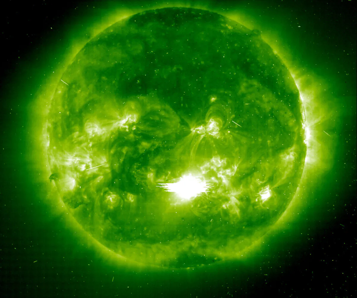 A major solar eruption is shown in progress on Oct. 29, 2003. This X18 flare is the strongest flare since Aug. 16, 1989 when an X20 flare occurred. A large coronal mass ejection has been hurled towards the Earth and could hit the Earth's magnetosphere by Oct. 30. (Solar & Heliospheric Observatory/NASA via Getty Images)