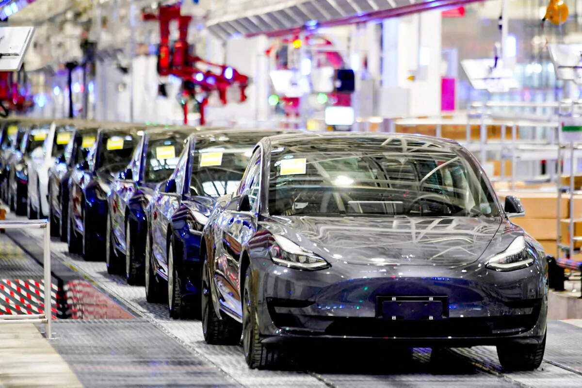 Tesla's China-made Model 3 vehicles on display during a delivery event at its factory in Shanghai, China, on Jan. 7, 2020. (Aly Song/Reuters)
