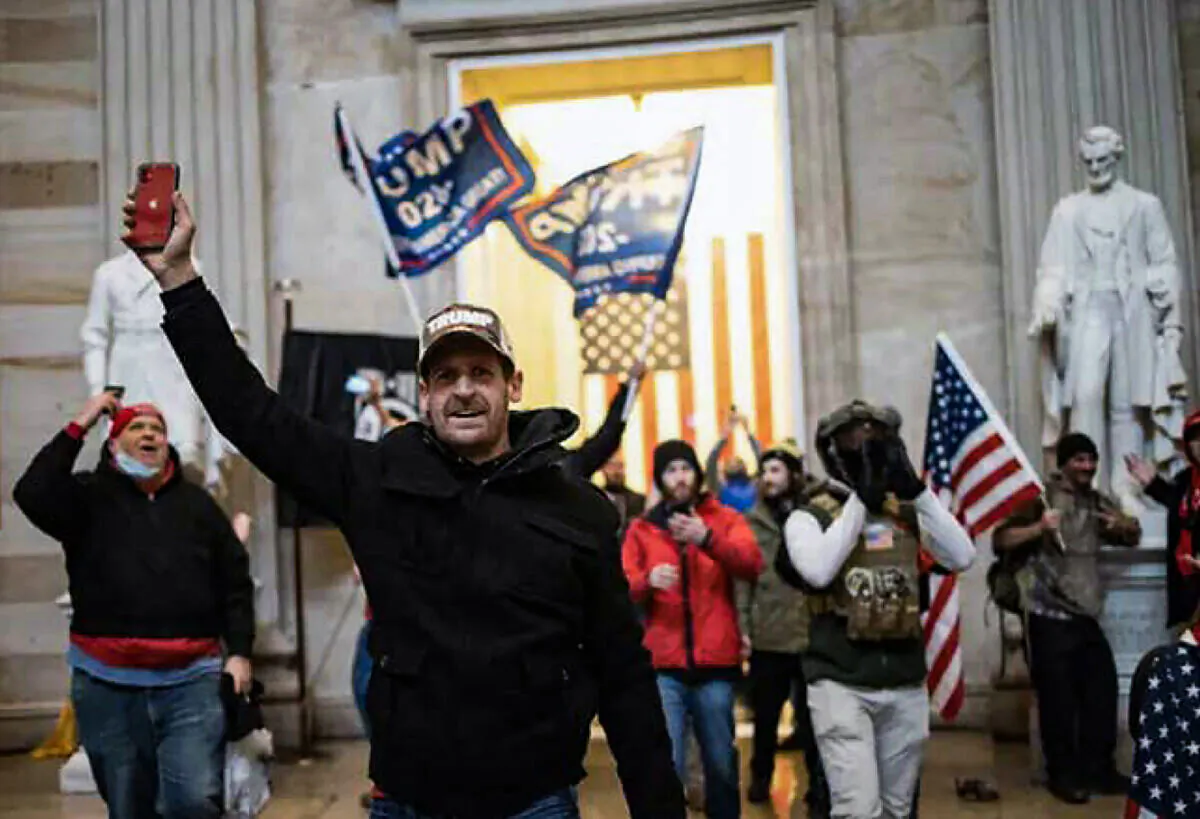 Jeffrey Alexander Smith inside the Capitol on Jan. 6, 2021. He was sentenced to 90 days in jail on a count of parading, demonstrating or picketing. (U.S. Department of Justice/Screenshot via The Epoch Times)