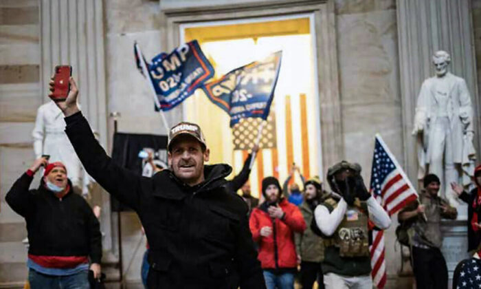 Jeffrey Alexander Smith inside the Capitol on Jan. 6, 2021. He was sentenced to 90 days in jail on a count of parading, demonstrating or picketing. (U.S. Department of Justice/Screenshot via The Epoch Times)