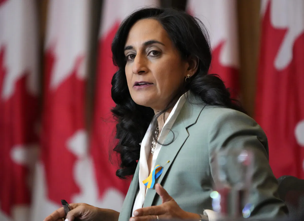 Minister of National Defence Anita Anand discusses Canadian sanctions on Russia at a press conference in Ottawa on March 1, 2022. (The Canadian Press/Justin Tang)
