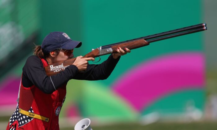 Dania Vizzi from the United States competes in the Women's Skeet Final of the Shooting competition during the Lima 2019 Pan-American Games, at Las Palmas shooting range in Lima, Peru, on Aug. 2, 2019. (Luka Gonzales/AFP via Getty Images)