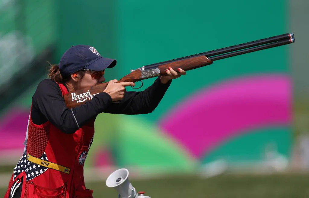 Dania Vizzi from the United States competes in the Women's Skeet Final of the Shooting competition during the Lima 2019 Pan-American Games, at Las Palmas shooting range in Lima, Peru, on Aug. 2, 2019. (Luka Gonzales/AFP via Getty Images)