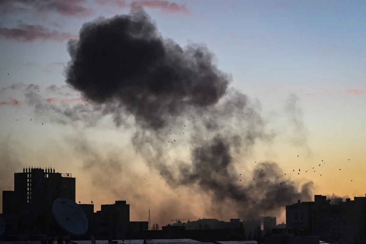 Smoke rising after an explosion in Kyiv on March 16, 2022. (Aris Messinis/AFP via Getty Images)