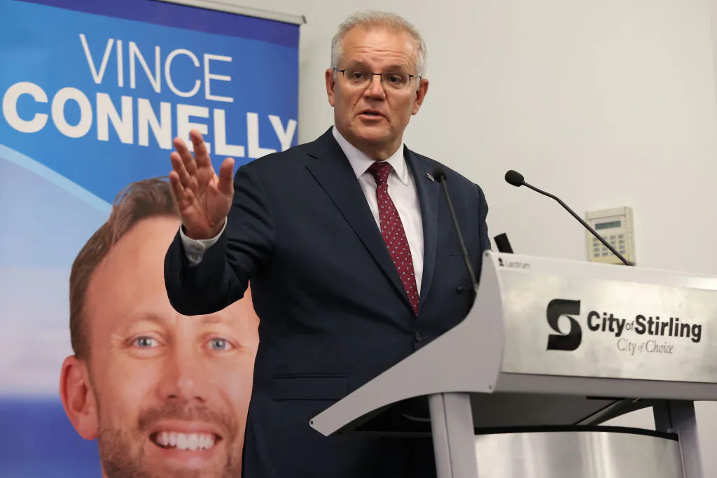 Prime Minister Scott Morrison addresses attendees at a multicultural community awards at Herb Graham Recreation Centre in Perth, Australia, on March 15, 2022. (Paul Kane/Getty Images)