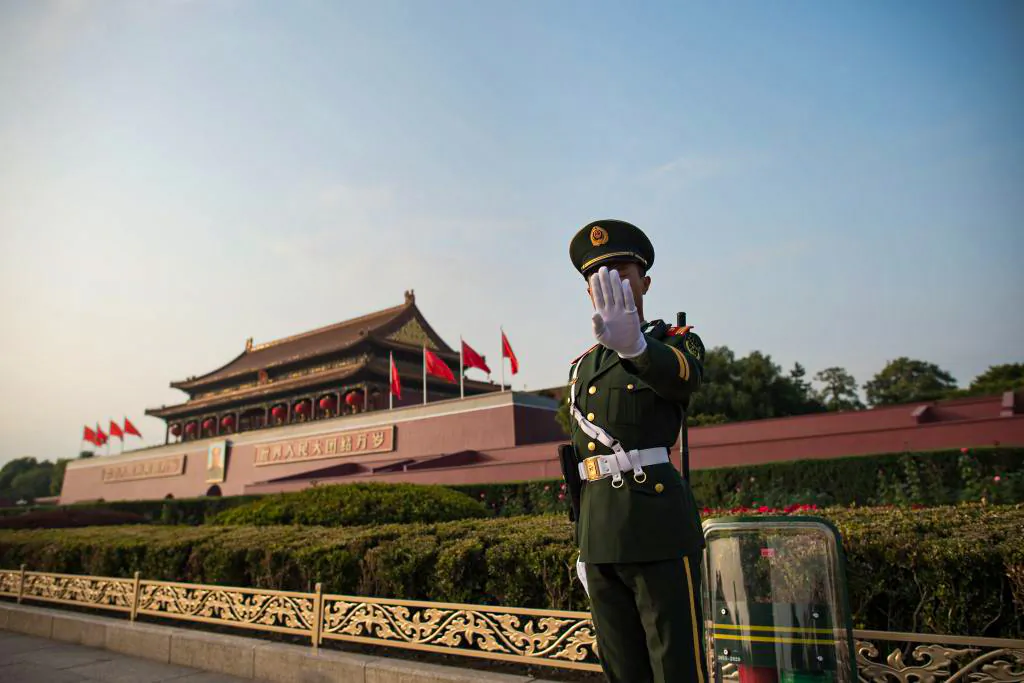A Chinese paramilitary stands near Tiananmen square in Beijing on Oct. 22, 2017. (Nicolas Asfouri/AFP via Getty Images)