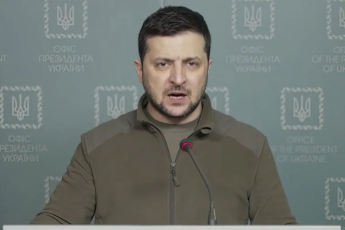 Ukrainian President Volodymyr Zelenskyy speaks in Kyiv, Ukraine, on March 15, 2022. (Ukrainian Presidential Press Office via AP)
