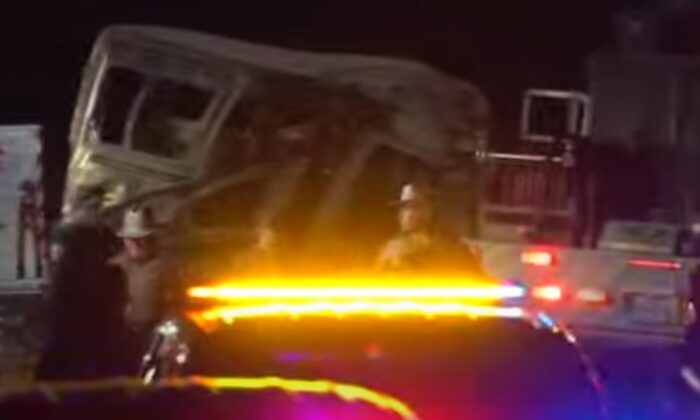 This still image from a video shows the wreckage of a vehicle that was carrying members of the University of the Southwest men's and women's golf team and was involved in fatal crash in Andrews County, Texas, on March 15, 2022. (Screenshot from video via AP)