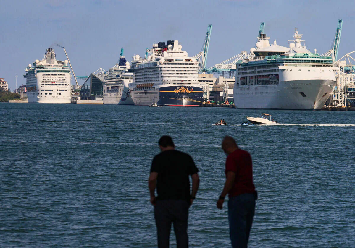A file image of cruise ships docking in Miami, Fla., on May 26, 2021. (Joe Raedle/Getty Images)
