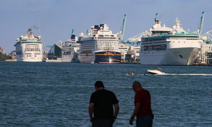 A file image of cruise ships docking in Miami, Fla., on May 26, 2021. (Joe Raedle/Getty Images)