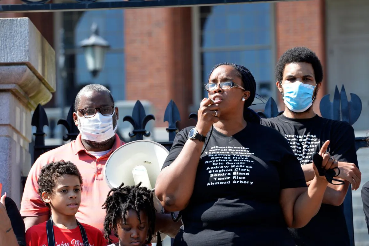 Monica Cannon-Grant (C) speaks during a Black Lives Matter rally in Boston on June 22, 2020. (Joseph Prezioso/AFP via Getty Images)