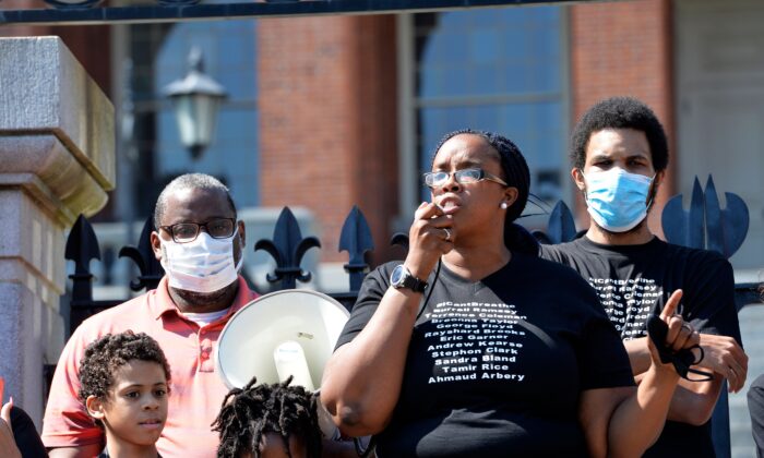 Monica Cannon-Grant (C) speaks during a Black Lives Matter rally in Boston, Mass., on June 22, 2020. (Joseph Prezioso/AFP via Getty Images)