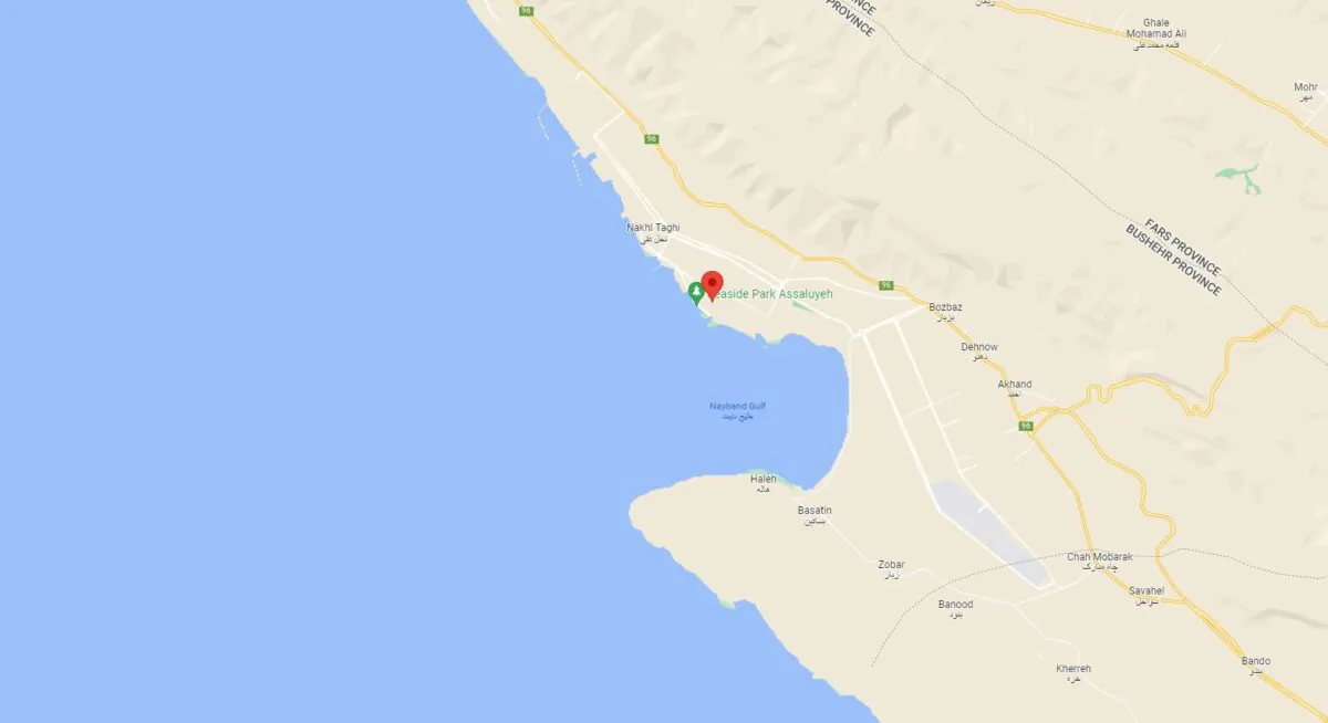 A map photo shows Assaluyeh port in Iran, where an Emirati-flagged cargo ship sinks on March 17, 2022. (Google Maps/Screenshot via The Epoch Times)