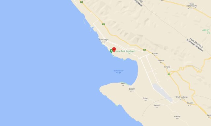 A map photo shows Assaluyeh port in Iran, where an Emirati-flagged cargo ship sinks on March 17, 2022. (Google Maps/Screenshot via The Epoch Times)