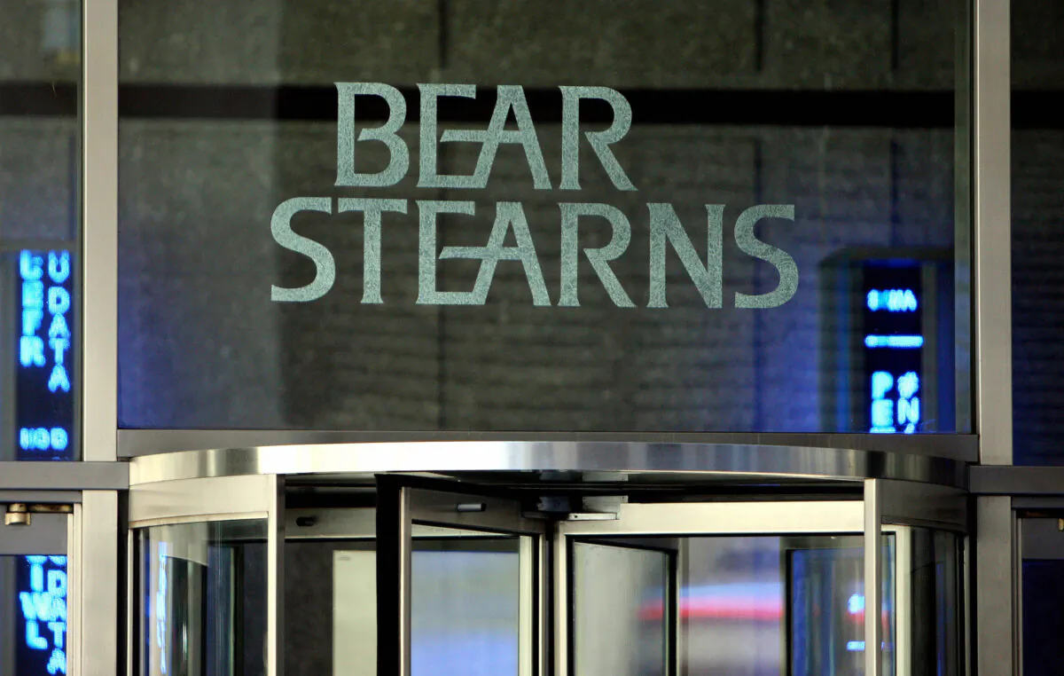 The Bear Stearns & Co. company logo outside its offices on Madison Ave in New York on March 17, 2008. (Don Emmert/AFP/Getty Images)