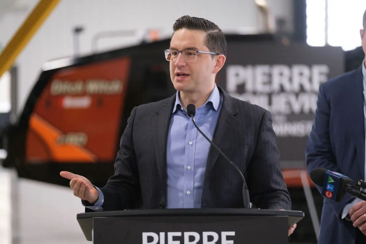 Conservative MP Pierre Poilievre speaks at a press conference at Brandt Tractor Ltd. in Regina, Sask., on March 4, 2022.(The Canadian Press/Michael Bell)