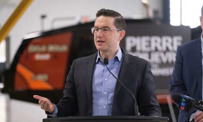 Conservative MP Pierre Poilievre speaks at a press conference at Brandt Tractor Ltd. in Regina, Sask., on March 4, 2022.(The Canadian Press/Michael Bell)