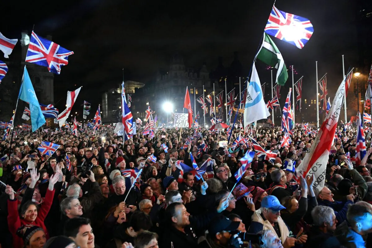 Brexit supporters gather in Parliament Square, the venue for the Leave Means Leave Brexit Celebration, in central London on Jan. 31, 2020, the day the UK formally left the European Union. (Daniel Leal/AFP via Getty Images)
