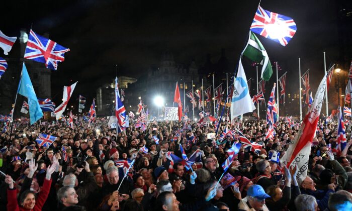 Brexit supporters gather in Parliament Square, the venue for the Leave Means Leave Brexit Celebration, in central London on Jan. 31, 2020, the day the UK formally left the European Union. (Daniel Leal/AFP via Getty Images)
