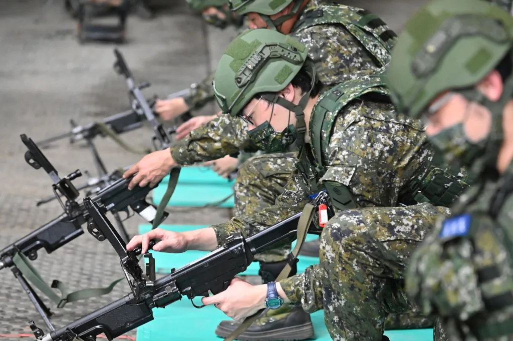 Taiwanese reservists take part in a military training at a military base in Taoyuan on March 12, 2022. (Sam Yeh / AFP) (Photo by SAM YEH/AFP via Getty Images)