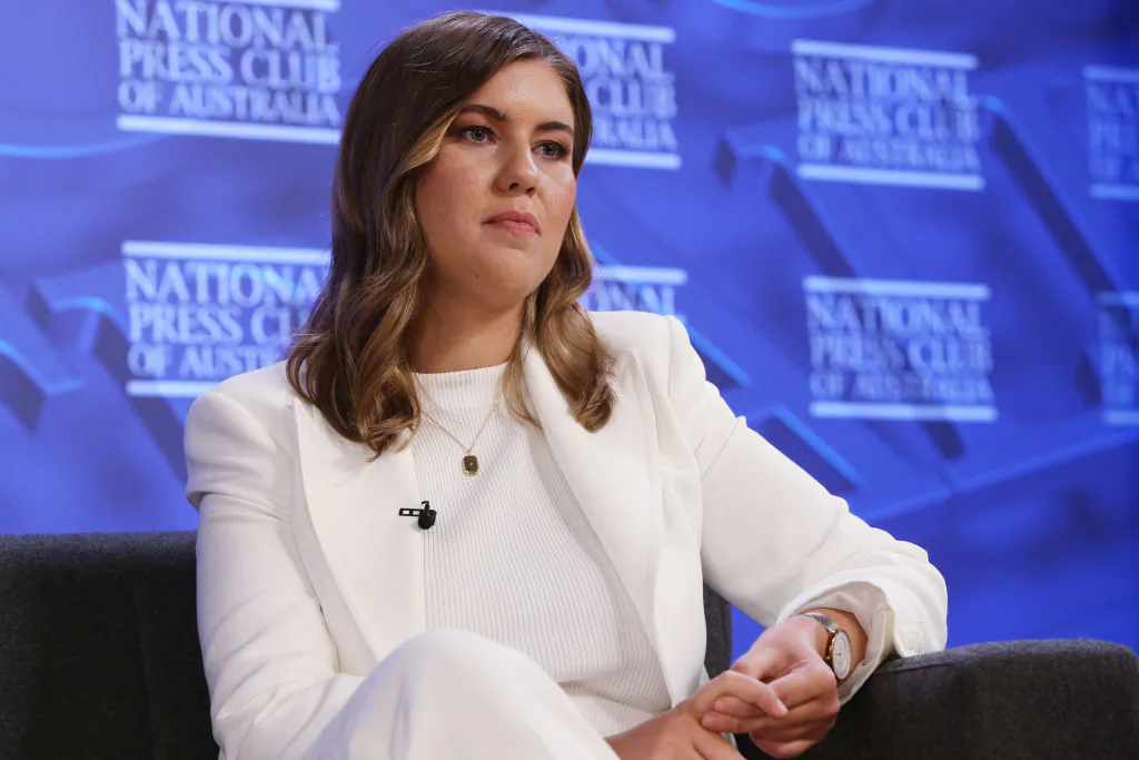 Brittany Higgins, a former Liberal Party staff member addresses the media at the National Press Club on Feb. 9, 2022 in Canberra, Australia. (Lisa Maree Williams/Getty Images)