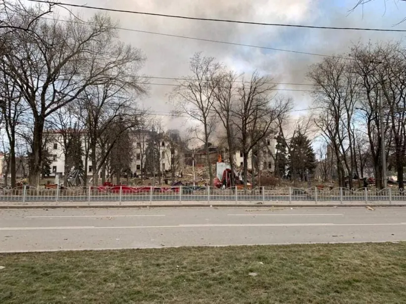 A view shows the Donetsk Regional Theatre of Drama destroyed by an airstrike amid Russia's invasion of Ukraine, in Mariupol, Ukraine, on March 16, 2022. (Press service of the Donetsk Regional Civil-Military Administration/Handout via Reuters)