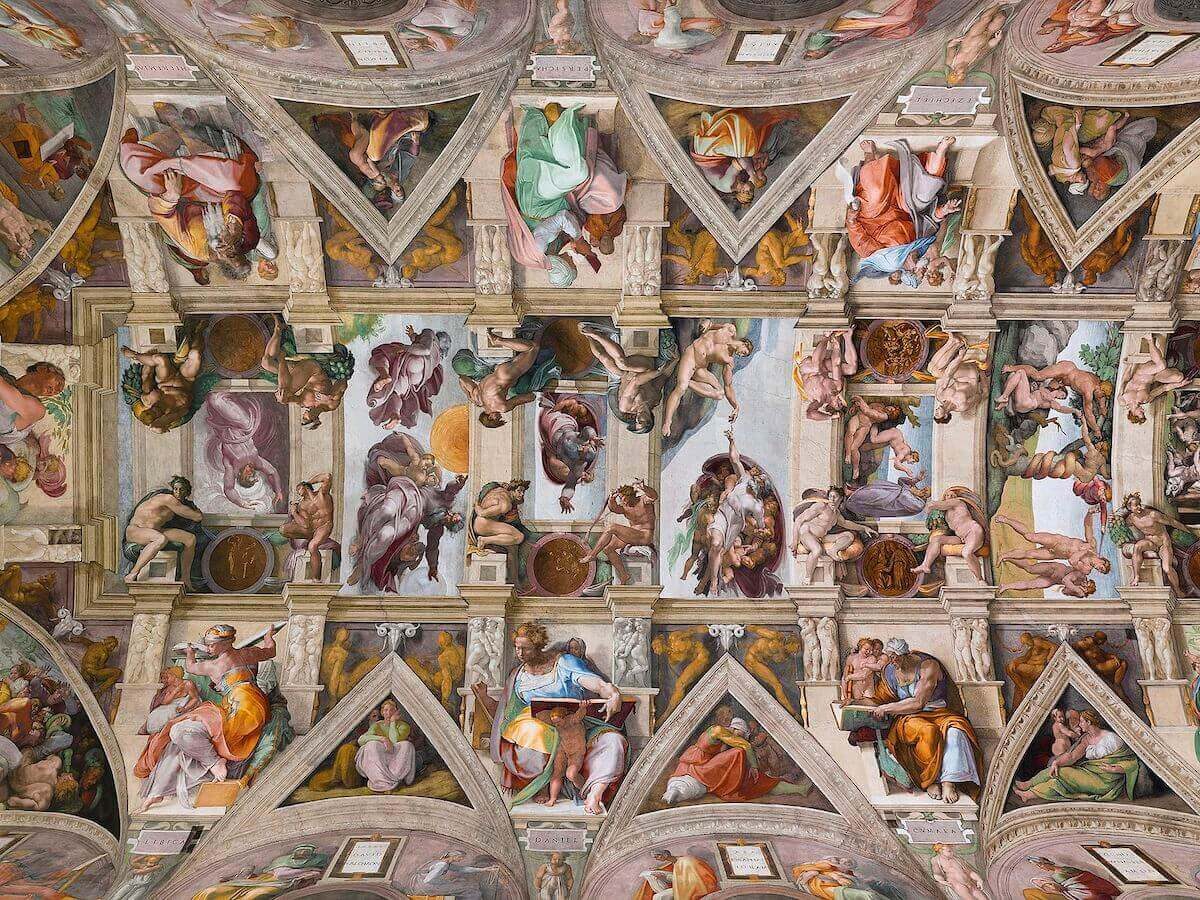 Section of Sistine Chapel Ceiling, 1508-1512, by Michelangelo Buonarroti. Fresco; 118 feet by 46 feet. Sistine Chapel, Rome. (Public Domain) 