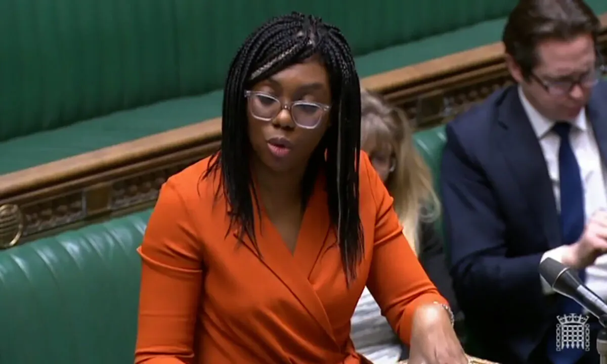A screenshot from Parliamentlive.tv of Minister of State at the Department for Levelling Up, Housing, and Communities Kemi Badenoch MP speaking in Parliament in Westminster, London, on March 17, 2022. (Screenshot via The Epoch Times)