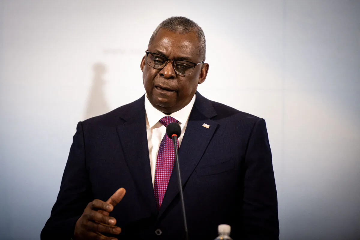 U.S. Secretary of Defense Lloyd Austin holds a joint press conference with the Slovak Minister of Defense, at the Slovak Ministry of Defense in Bratislava, Slovakia, on March 17, 2022. (Vladimir Simicek/AFP via Getty Images)