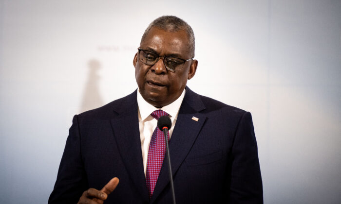 U.S. Secretary of Defense Lloyd Austin holds a joint press conference with the Slovak Minister of Defense, at the Slovak Ministry of Defense in Bratislava, Slovakia, on March 17, 2022. (Vladimir Simicek/AFP via Getty Images)