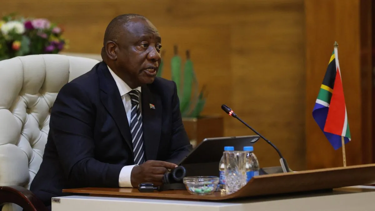 South Africa's President Cyril Ramaphosa delivers his opening remarks at the Department of International Relations and Cooperations (DIRCO) OR Tambo Building in Pretoria on March 10, 2022. (Phill Magakoe/AFP via Getty Images)