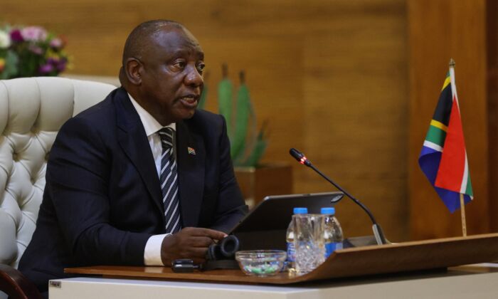 South Africa's President Cyril Ramaphosa delivers his opening remarks at the Department of International Relations and Cooperations (DIRCO) OR Tambo Building in Pretoria on March 10, 2022. (Phill Magakoe/AFP via Getty Images)