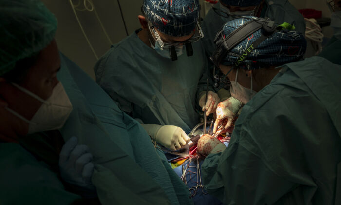 Cardiovascular surgeons Juan Esteban de Villarreal (C) and Susana Villar (R) perform a heart transplant at an operating theatre in Puerta de Hierro University Hospital in Majadahonda, near Madrid. (Javier Soriano/AFP via Getty Images)