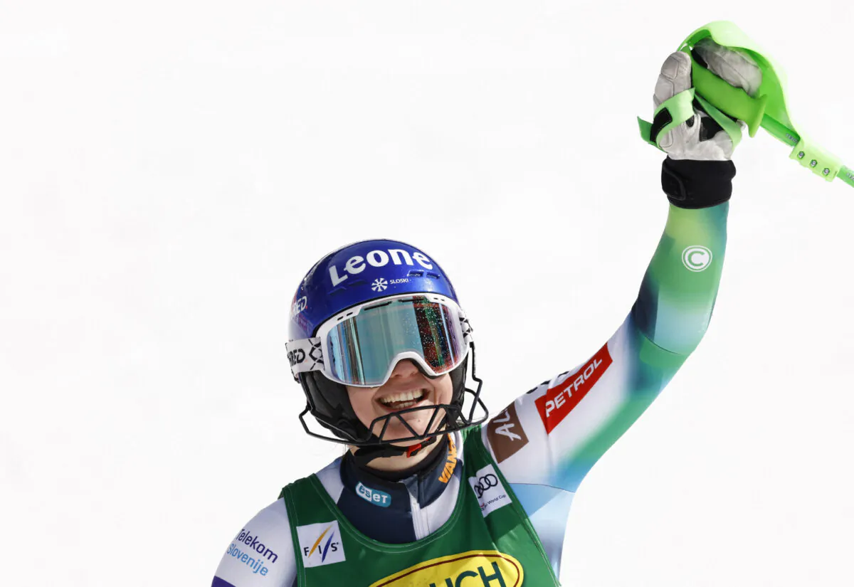 Slovenia's Andreja Slokar reacts after her second run at Alpine Ski World Cup in Meribel, France, on March 19, 2022. (Christian Hartmann/Reuters)