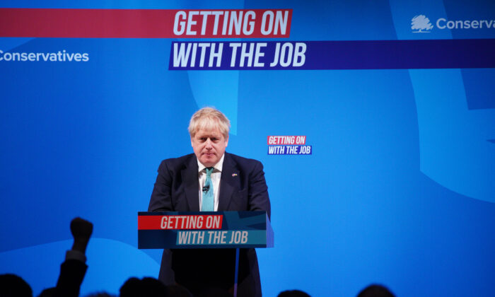 Prime Minister Boris Johnson speaking at the Conservative Party Spring Forum at Winter Gardens, Blackpool, England, on March 19, 2022. (Peter Byrne/PA media)