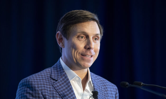 Patrick Brown announces his candidacy for the federal Conservative leadership at a rally in Brampton, Ontario, on March 13, 2022. (Chris Young/The Canadian Press)