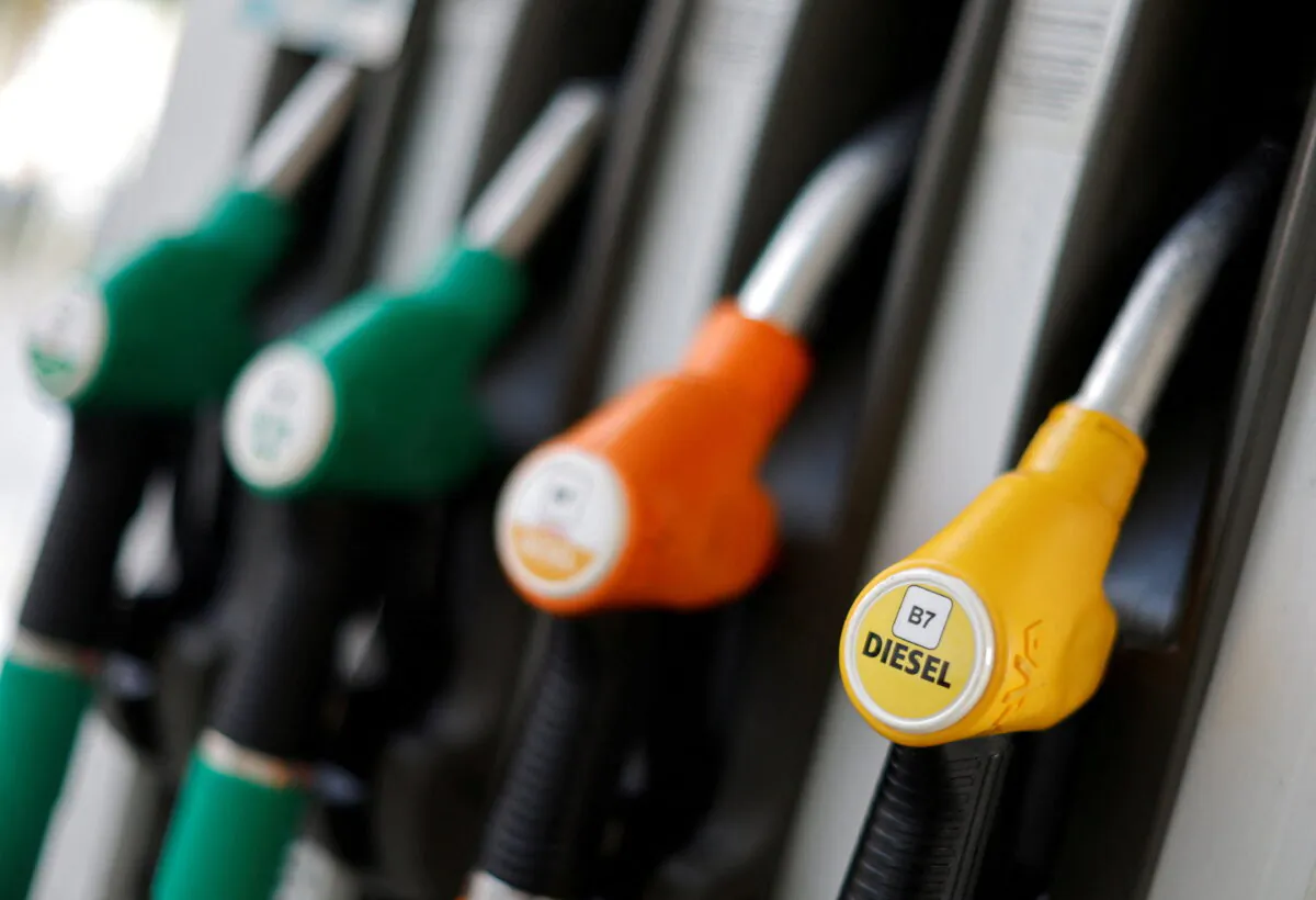 Fuel nozzles at a petrol station in Nice, France, on Jan. 25, 2022. (Eric Gaillard/Reuters)