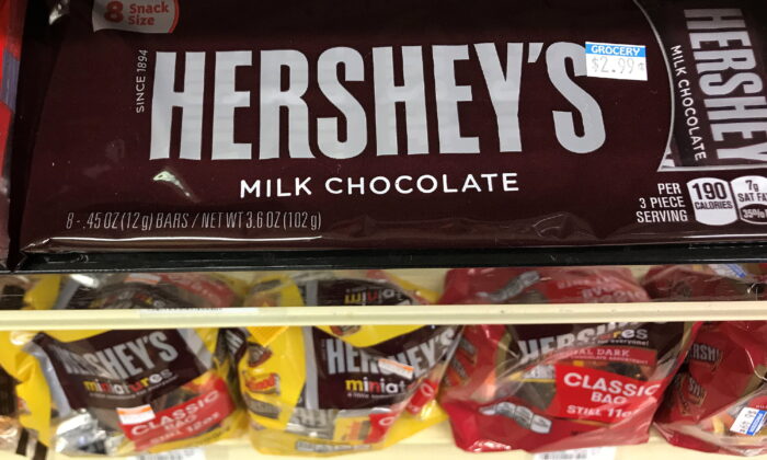 Hershey's chocolates for sale on a store shelf in the Manhattan borough of New York City on July 19, 2017. (Carlo Allegri/Reuters)