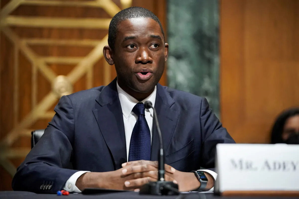 Economist Adewale "Wally" Adeyemo answers questions during his Senate Finance Committee nomination hearing to be Deputy Secretary of the Treasury in the Dirksen Senate Office Building, in Washington, on Feb. 23, 2021. (Greg Nash/Pool via Reuters)