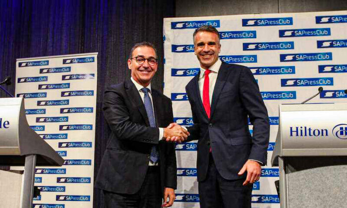 SA Premier Steven Marshall and SA Opposition Leader Peter Malinauskas during a leaders debate at the South Australia Press Club in Adelaide, Thursday, March 10, 2022. (AAP Image/Matt Turner)