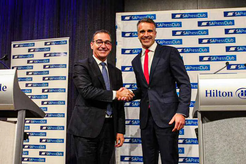 SA Premier Steven Marshall and SA Opposition Leader Peter Malinauskas during a leaders debate at the South Australia Press Club in Adelaide, Thursday, March 10, 2022. (AAP Image/Matt Turner)