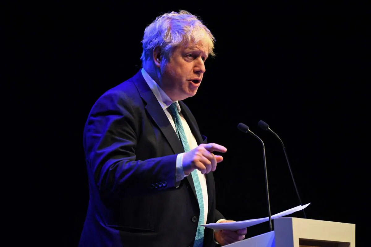 Britain's Prime Minister Boris Johnson speaks during the 2022 Scottish Conservatives Spring Conference at the Exhibition Centre in Aberdeen, northeast Scotland, on March 18, 2022. (Andy Buchanan/AFP via Getty Images)