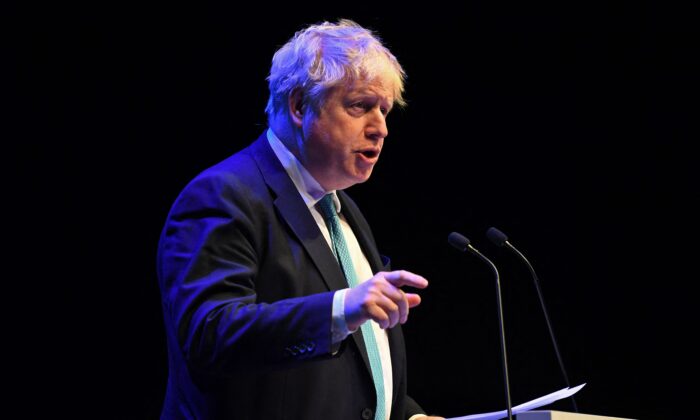 Britain's Prime Minister Boris Johnson speaks during the 2022 Scottish Conservatives Spring Conference at the Exhibition Centre in Aberdeen, northeast Scotland, on March 18, 2022. (Andy Buchanan/AFP via Getty Images)