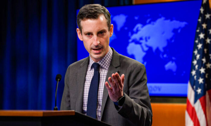 State Department spokesman Ned Price speaks during the daily press briefing at the State Department in Washington, DC, on Feb. 25, 2021. (Nicholas Kamm/POOL/AFP via Getty Images)