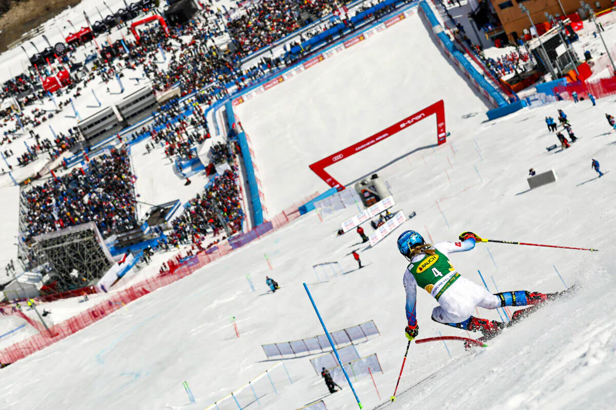 Mikaela Shiffrin of Team United States in action during the Audi FIS Alpine Ski World Cup Women's Slalom, in Courchevel, France, on March 19, 2022. (Michel Cottin/Getty Images)