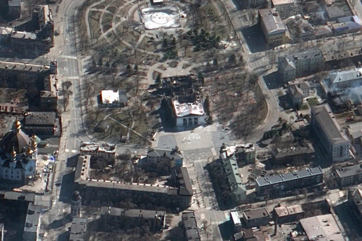 The aftermath of the airstrike on the Mariupol Drama theater, Ukraine, and the area around it, on March 19, 2022. (Satellite image ©2022 Maxar Technologies via AP)